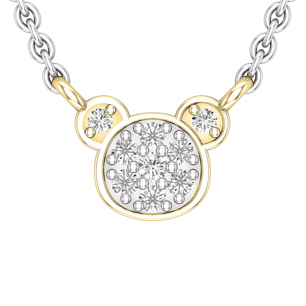 0.10 Carat (ctw) Round White Diamond Teddy Bear Face Pendant for Women with 18 Inch Silver Chain | 10K Yellow Gold