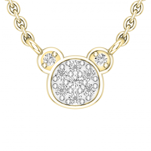 0.10 Carat (ctw) Round White Diamond Teddy Bear Face Pendant for Women with 18 Inch Gold Chain | 14K Yellow Gold