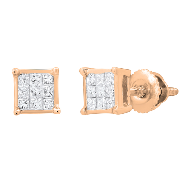 0.30 Carat (ctw) Princess White Diamond Ladies Square Framed Screw Back Stud Earrings | 18K Rose Gold