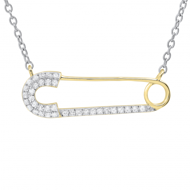 0.20 Carat (ctw) Round White Diamond Horizontal Safety Pin Pendant for Women with 18 Inch Silver Chain | 10K Yellow Gold