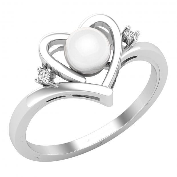 5.5 MM Round Freshwater Pearl & White Diamond Ladies Elegant Heart Promise Ring Sterling Silver
