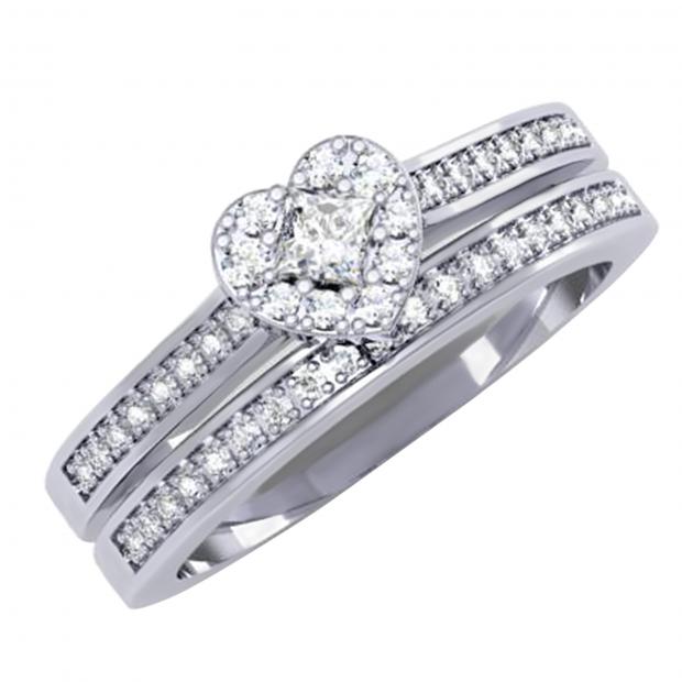 0.35 Carat (ctw) Princess & Round Diamond Ladies Love Heart Wedding Ring Set 1/3 CT 14K White Gold