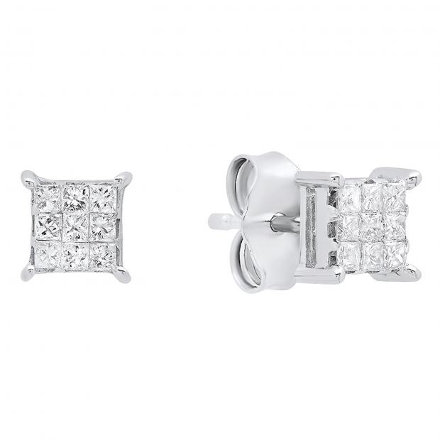 0.20 Carat (ctw) Princess White Diamond Ladies Square Frame Stud Earrings 1/5 CT 10K White Gold