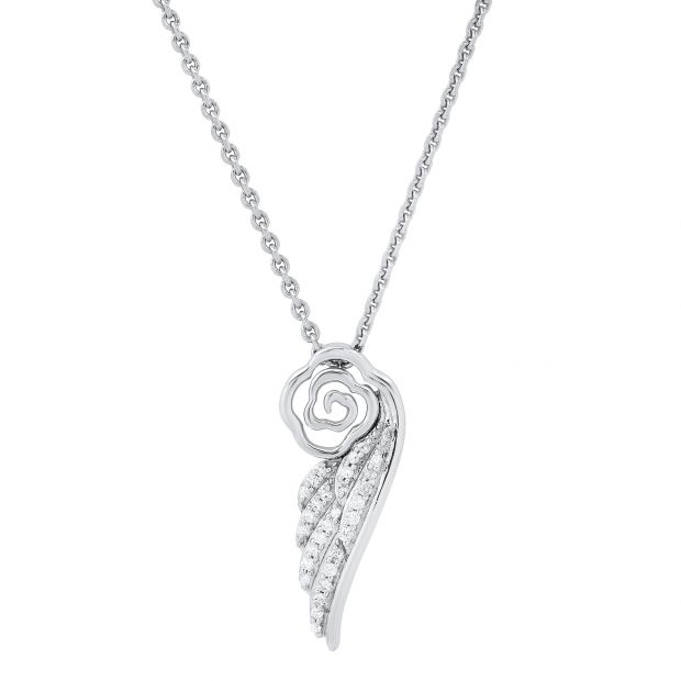 0.12 Carat (ctw) Round White Diamond Ladies Rose Floral Angel Wing Shape Pendant, Sterling Silver