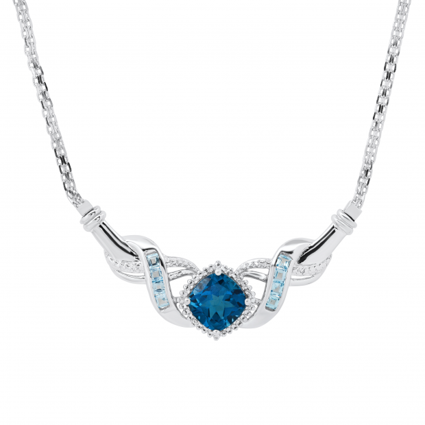 8 mm Cushion & Princess London Blue Topaz Ladies Pendant with Round Diamond Accents, Sterling Silver