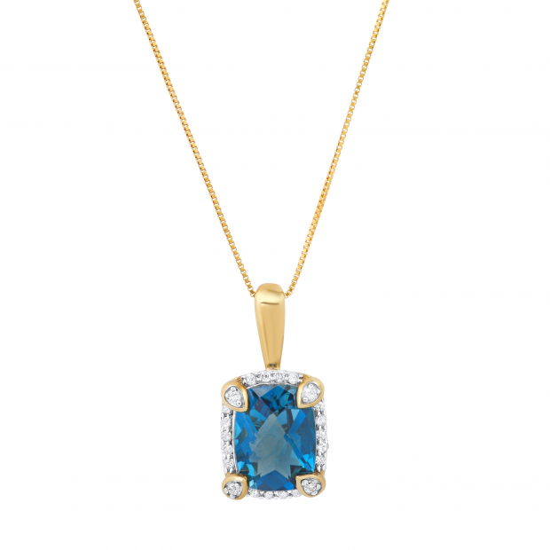 6.5X9 mm Emerald London Blue Topaz & Round White Diamond Ladies Halo Style Pendant, 10K Yellow Gold