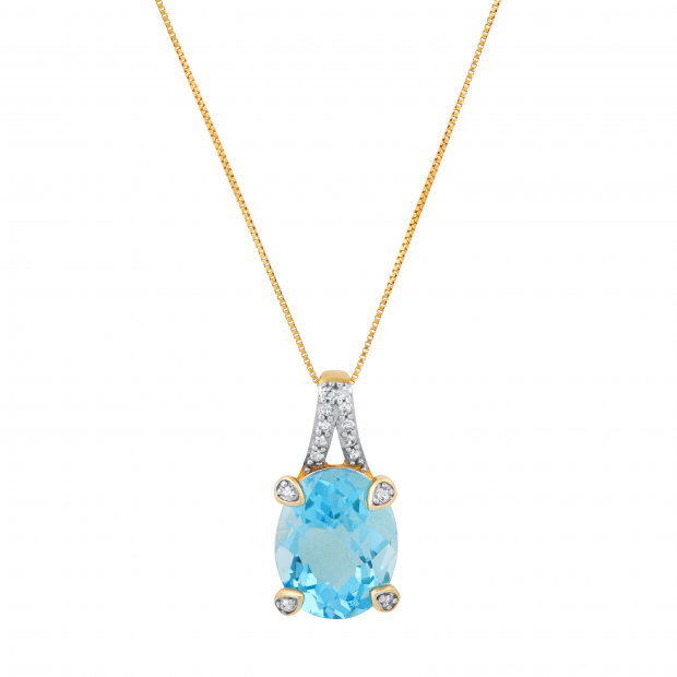 11X9 mm Oval Blue Topaz & Round White Diamond Ladies Fancy Pendant with Gold Chain, 10K Yellow Gold