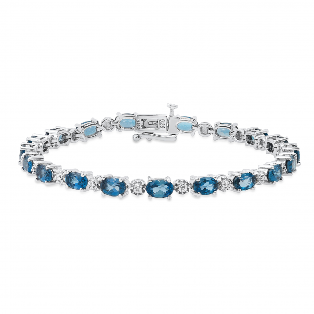 6X4 mm Oval London Blue Topaz Ladies Handmade Bracelet with Round Diamond Accent Sterling Silver