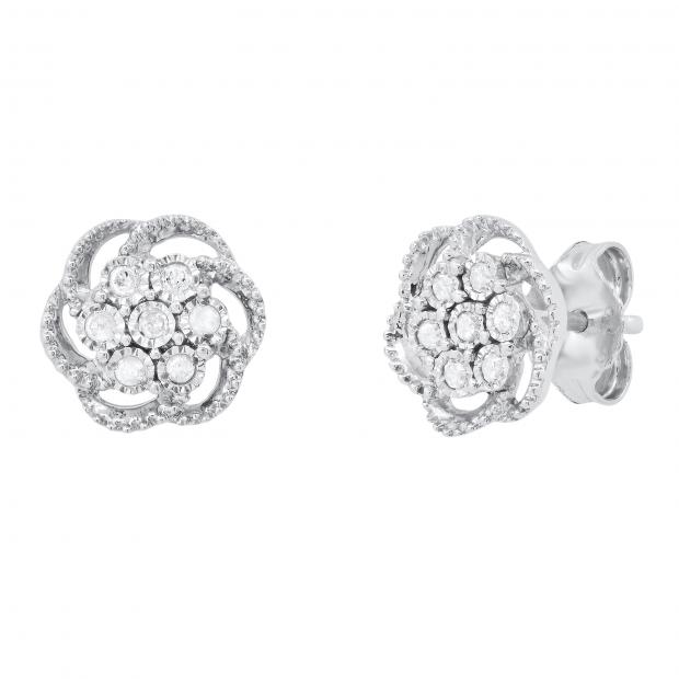 0.10 Carat (ctw) Round White Diamond Ladies Cluster Floral Stud Earrings 1/10 CT | Sterling Silver
