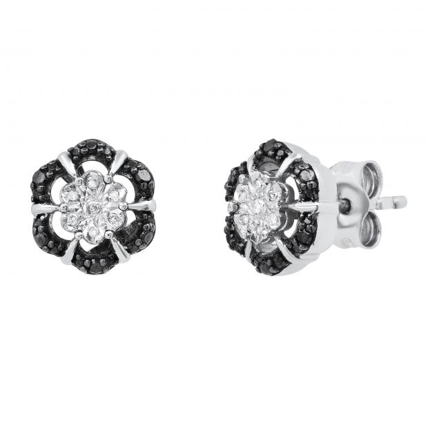 0.05 Carat (ctw) Round Black & White Diamond Ladies Cluster Floral Stud Earrings Sterling Silver