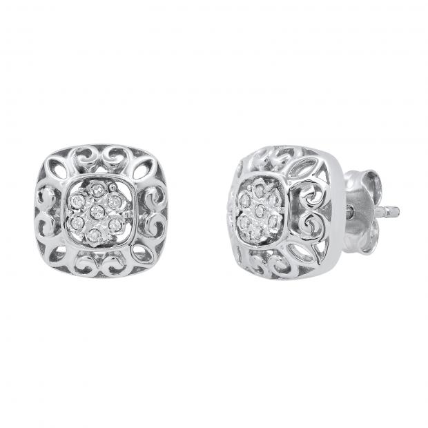 Ladies Cluster Flower Design Filigree Stud Earrings with Round Diamond Accents 925 Sterling Silver