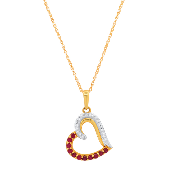 1.5 mm Round Ruby & White Diamond Ladies Heart Shape Love Pendant with Gold Chain 10K Yellow Gold