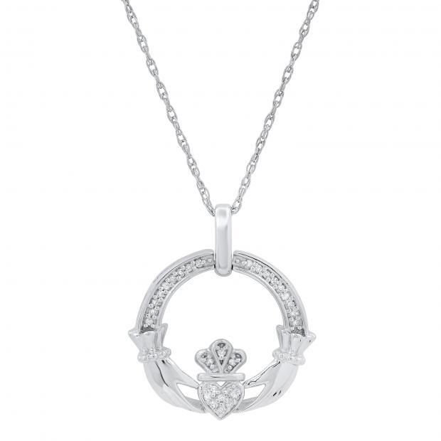 0.10 Carat (ctw) Round White Diamond Ladies Claddagh Heart Circle Pendant 1/10 CT Sterling Silver