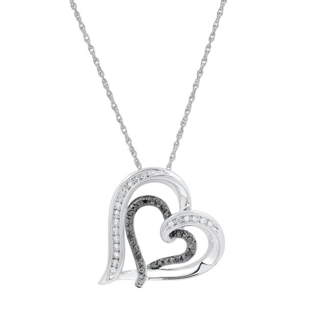 0.15 Carat (ctw) Round Black & White Diamond Ladies Double Heart Pendant 925 Sterling Silver