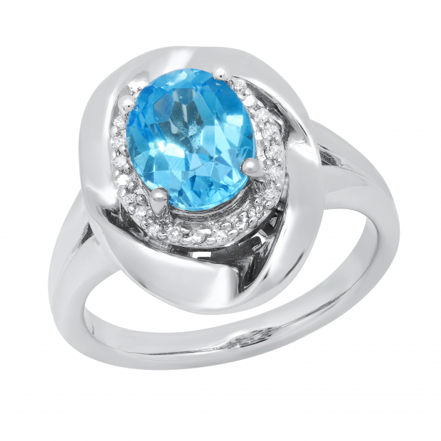 9X7 mm Oval Blue Topaz & Round White Diamond Ladies Halo Unique Right Hand Ring Sterling Silver