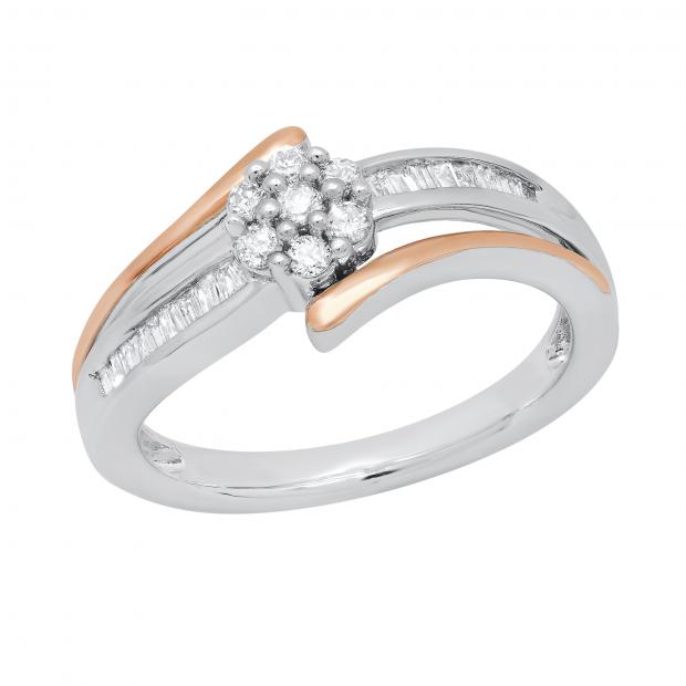 0.25 Carat (ctw) Round & Baguette White Diamond Ladies Cluster Ring White & Rose Gold Plated Silver
