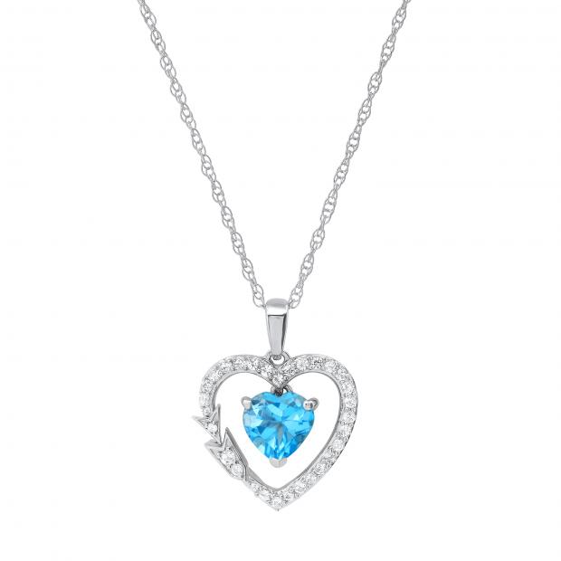 Heart Blue Topaz & Round White Topaz Ladies Pendant with 18 Inch Silver Chain | 925 Sterling Silver
