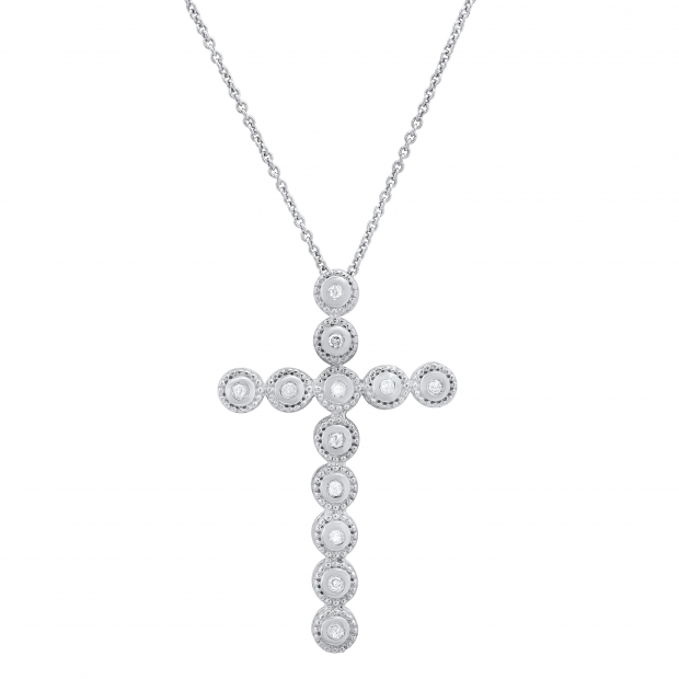 0.10 Carat (ctw) Round White Diamond Ladies Illusion Set Cross Pendant 1/10 CT | 925 Sterling Silver