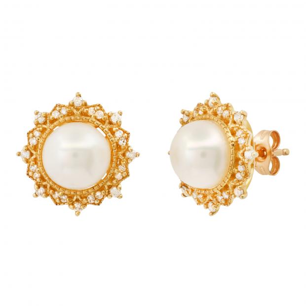 7 MM Round Freshwater Pearl & White Diamond Ladies Sunburst Elegant Stud Earrings 10K Yellow Gold