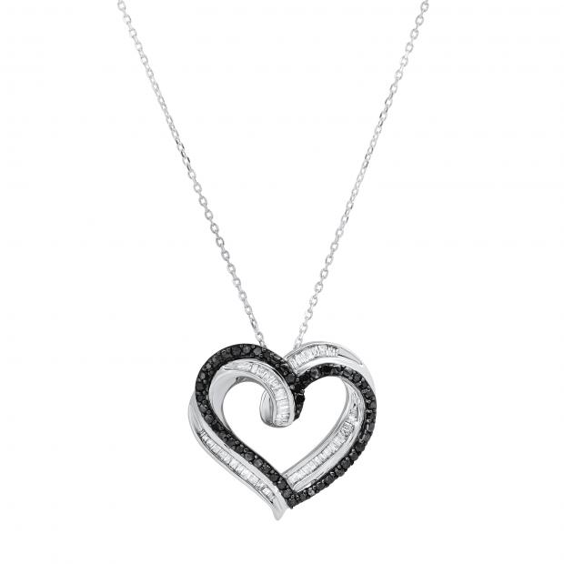 0.50 Carat (ctw) Round Black & Baguette White Diamond Ladies Heart Pendant 1/2 CT Sterling Silver