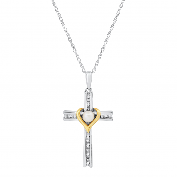 4 mm Round Freshwater Pearl Ladies Heart Cross Pendant with Diamond Accents, 925 Sterling Silver