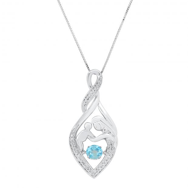 4.5 MM Round Blue Topaz Mother Child Heart Infinity Pendant with Diamond Accents Sterling Silver