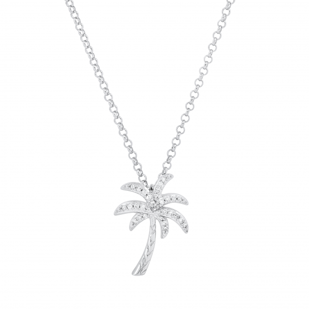 Ladies Gorgeous and Delicate Palm Tree Pendant with Round White Accents, 925 Sterling Silver