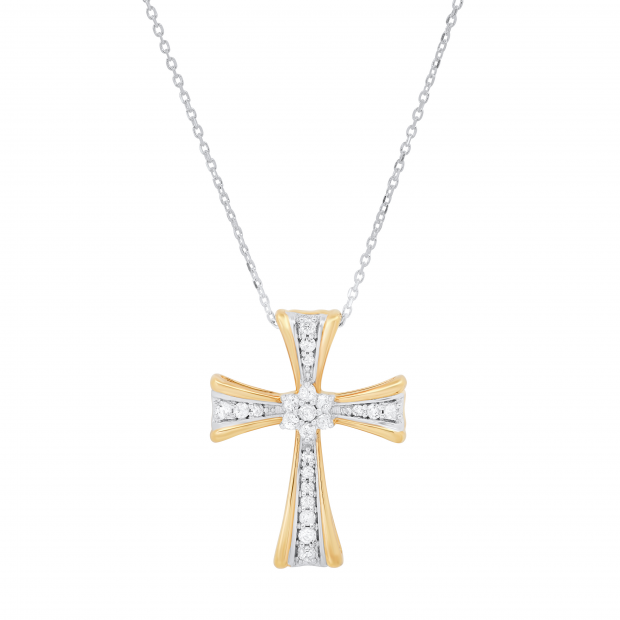 0.25 Carat (ctw) Round White Diamond Ladies Cross Pendant 1/4 CT, White & Yellow Gold Plated Silver