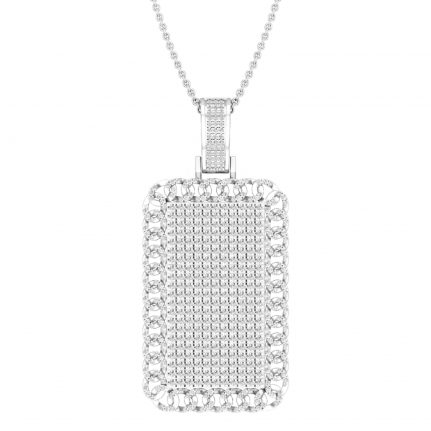 3.10 Carat (ctw) Round White Diamond Filled Bale Rectangular Chain Frame Unisex Pendant with 18 Inch Silver Chain in 925 Sterling Silver