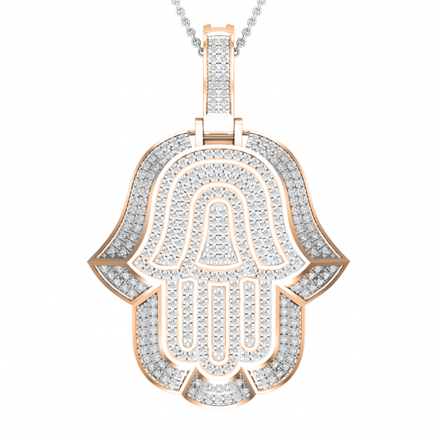 Round White Diamond Filled Bale Hamsa Hand Of Fatima Unisex Pendant with 18 Inch Silver Chain (0.95 ctw, Color I-J, Clarity I1-I2) in 18K Rose Gold