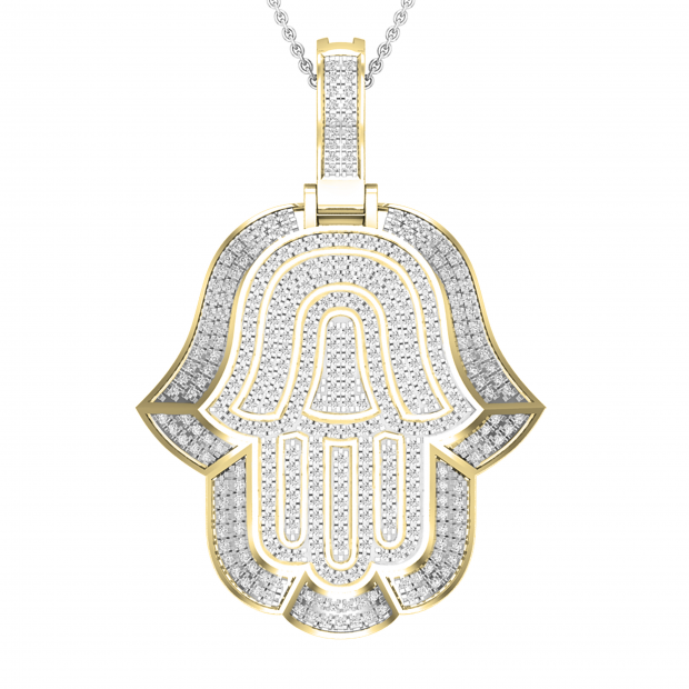 Round White Diamond Filled Bale Hamsa Hand Of Fatima Unisex Pendant with 18 Inch Silver Chain (0.95 ctw, Color I-J, Clarity I1-I2) in 18K Yellow Gold