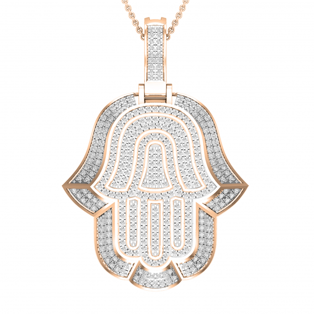 Round White Diamond Filled Bale Hamsa Hand Of Fatima Unisex Pendant with 18 Inch Gold Chain (0.95 ctw, Color I-J, Clarity I1-I2) in 18K Rose Gold