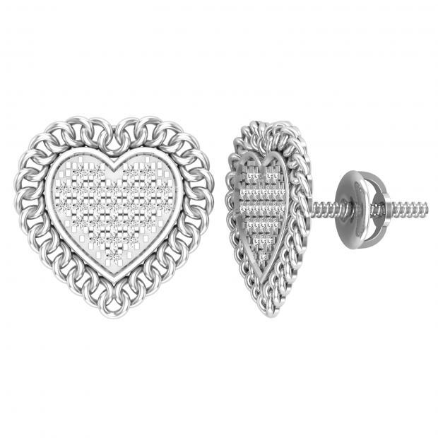 0.15 Carat (ctw) Round White Diamond Chain Framed Heart Stud Earrings in 10K White Gold