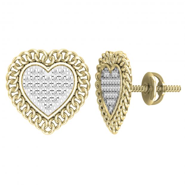 0.15 Carat (ctw) Round White Diamond Chain Framed Heart Stud Earrings in 14K Yellow Gold