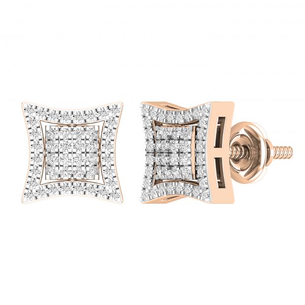 0.25 Carat (ctw) Round White Diamond Concave Curved Frame Square Cluster Stud Earrings for Women | 10K Rose Gold