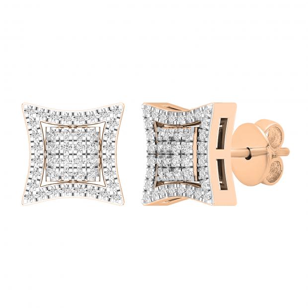 0.25 Carat (ctw) Round White Diamond Concave Curved Frame Square Cluster Stud Earrings for Women | 18K Rose Gold