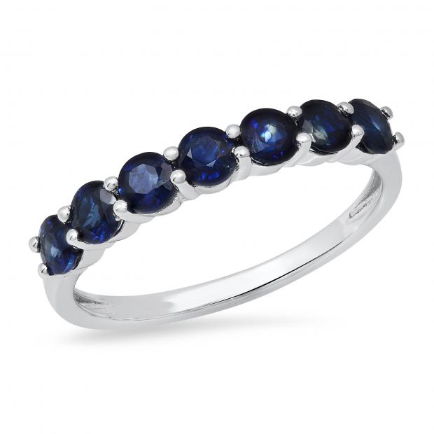 3 mm Round Blue Sapphire Ladies Seven Stone Anniversary Wedding Band | Sterling Silver