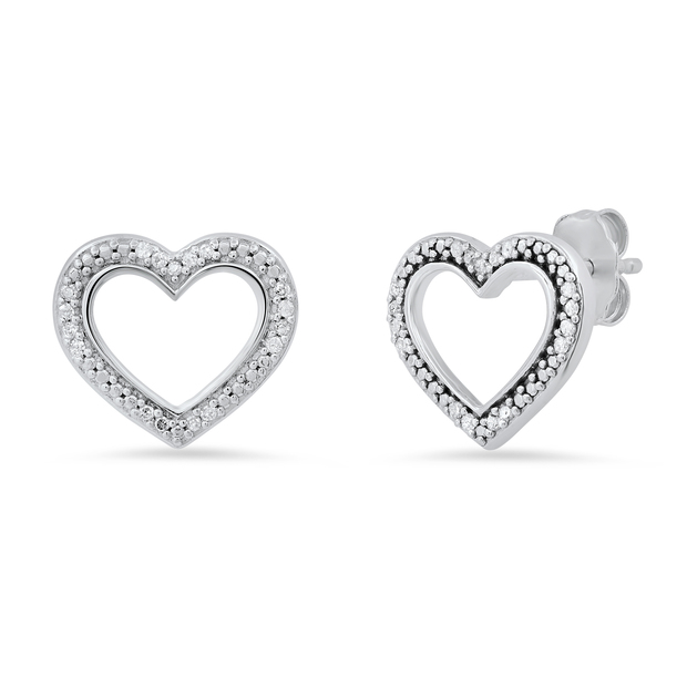 0.10 Carat (ctw) Round White Diamond Ladies Heart Push Back Stud Earrings 1/10 CT Sterling Silver