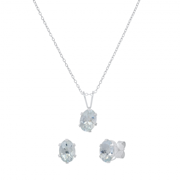 5X7 MM Oval Aquamarine Ladies Solitaire Matching Stud Earrings & Pendant Set 925 Sterling Silver
