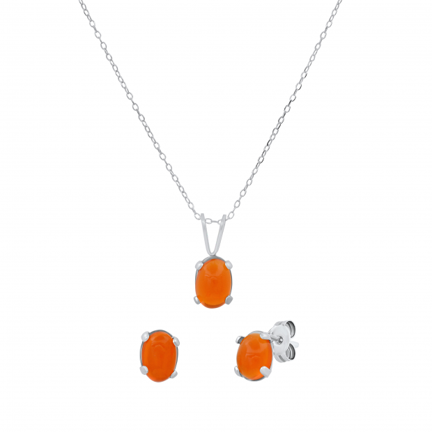 5X7 mm Oval Cabochon Fire Opal Ladies Solitaire Stud Earrings & Pendant Set | 925 Sterling Silver