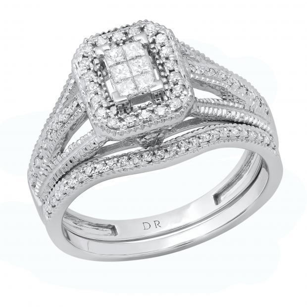 0.57 Carat (ctw) Princess & Round Diamond Octagon Engagement Ring Set for Her | 925 Sterling Silver