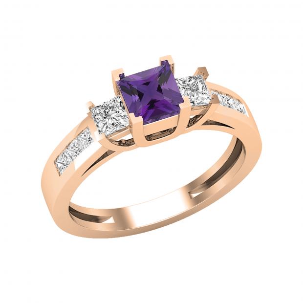 Ladies 5X5 MM Princess Amethyst & White Diamond 3 Stone Past Present Future Engagement Ring | 18K Rose Gold