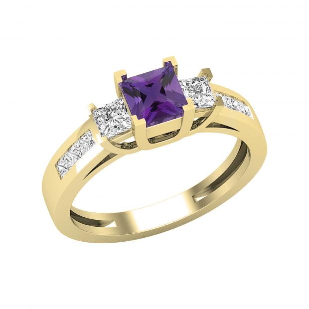 Ladies 5X5 MM Princess Amethyst & White Diamond 3 Stone Past Present Future Engagement Ring | 18K Yellow Gold