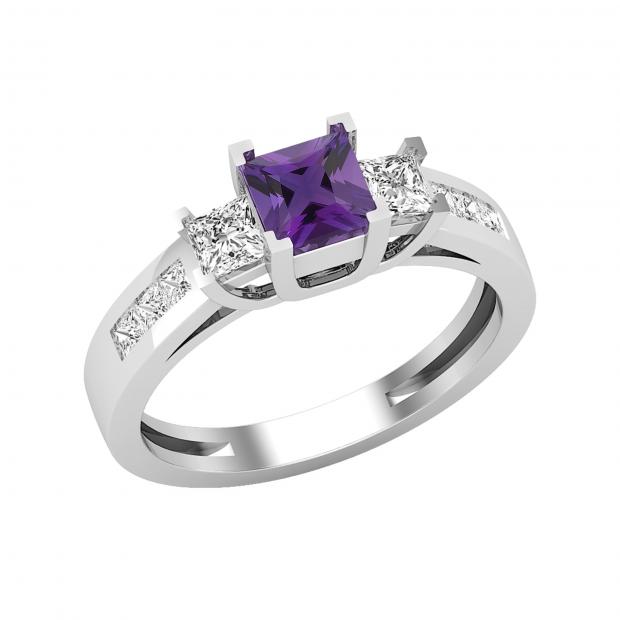 Ladies 5X5 MM Princess Amethyst & White Diamond 3 Stone Past Present Future Engagement Ring | 925 Sterling Silver