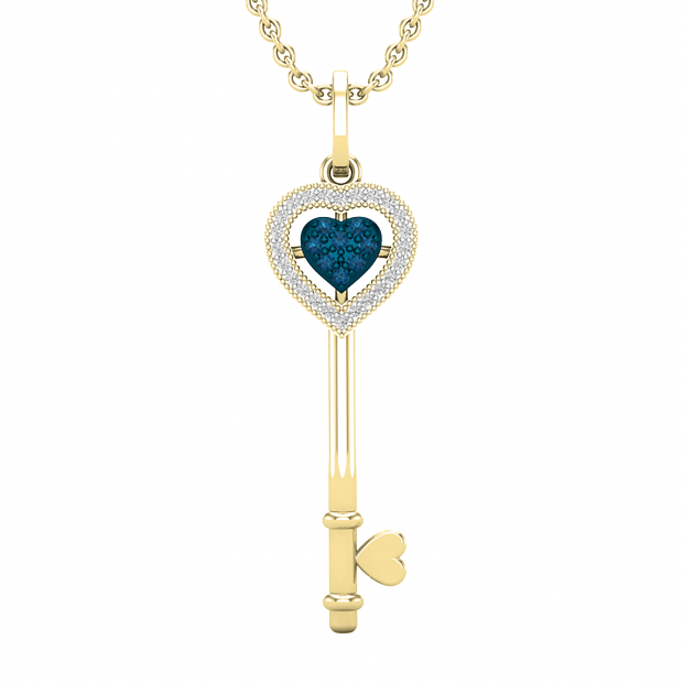 0.12 Carat (ctw) Round White & Blue Diamond Heart Shape Key Pendant For Women | 10K Yellow Gold