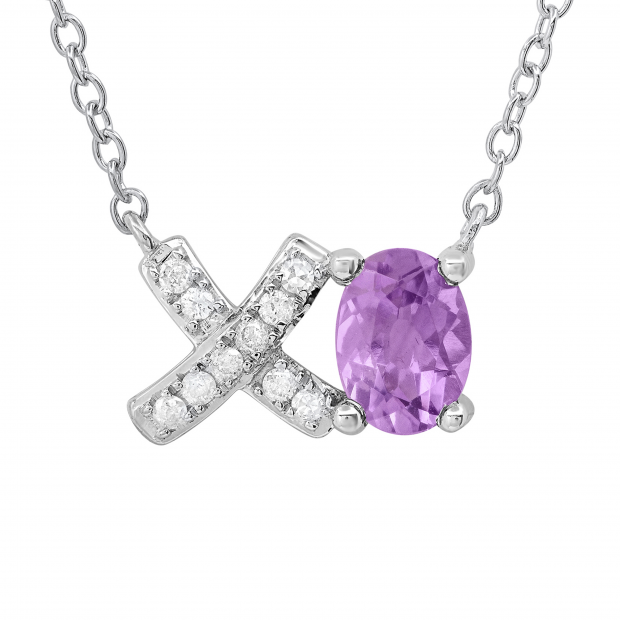 7X5 mm Oval Amethyst & Round White Diamond "XO" Pendant for Women |925 Sterling Silver
