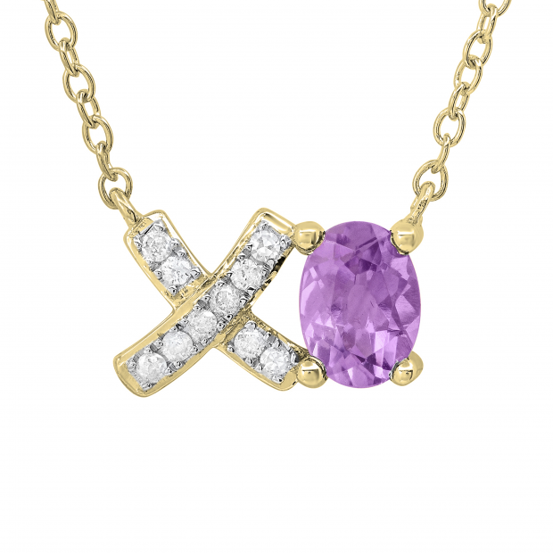 7X5 mm Oval Amethyst & Round White Diamond "XO" Pendant for Women | 10K Yellow Gold