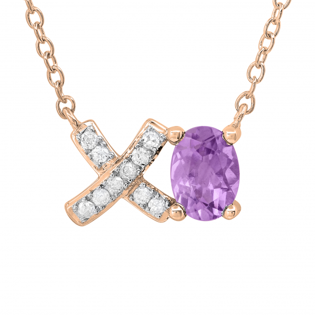 7X5 mm Oval Amethyst & Round White Diamond "XO" Pendant for Women | 18K Rose Gold