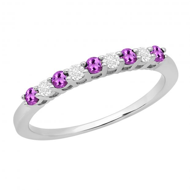 2 MM Round Amethyst & White Diamond Wedding Band For Women |10K White Gold
