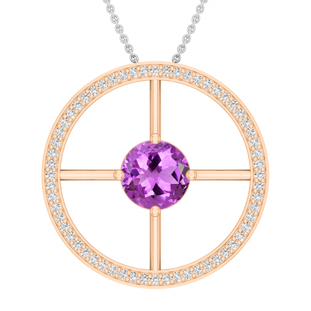 8 MM Round Solitaire Amethyst & Round White Diamond Wheel Style Circle Pendant for Women | 18K Rose Gold